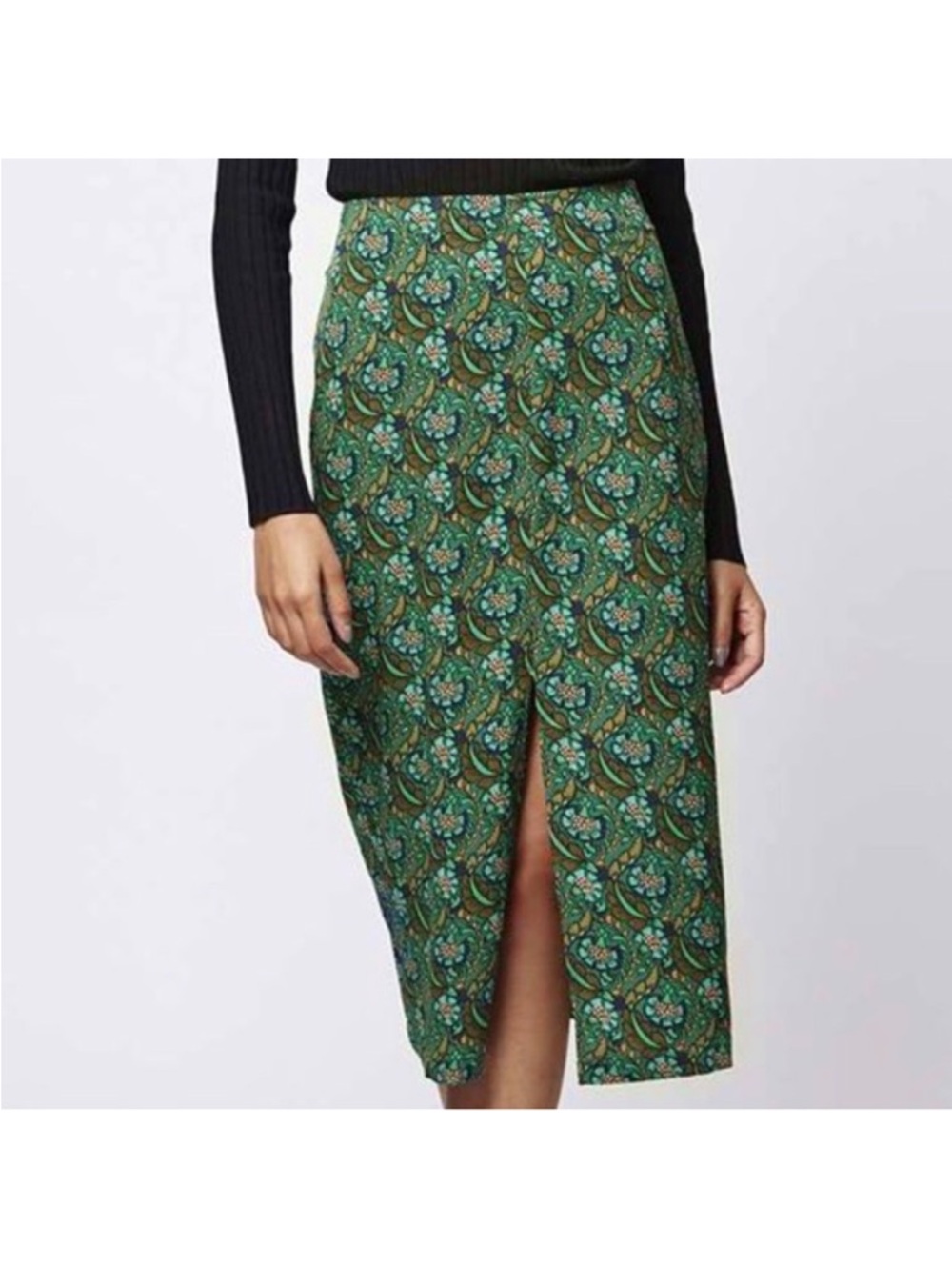 Topshop Green Printed Midi Skirt with Front Slit